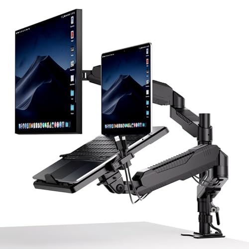 モニターアーム デュアル ノートパソコン トレイ付き 11-17インチ対応 高度12-60cm 角度自由に調整 ガススプリング グロメット式＆クランプ式 モニターアーム 360度回転 11-17インチパソコン対応 15-27モニター対応 ディスプレイアーム ケーブル収納 耐荷重1-...