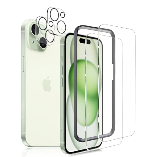 iPhone 15 ガラスフィルム (2枚入) + カメラフィルム (2枚入) +[ガイド枠付き]超薄型 硬度9H 指紋防止 保護フィルム 指紋認証対応 飛散防止 耐衝撃 気泡ゼロ 液晶フィルム 送料無料