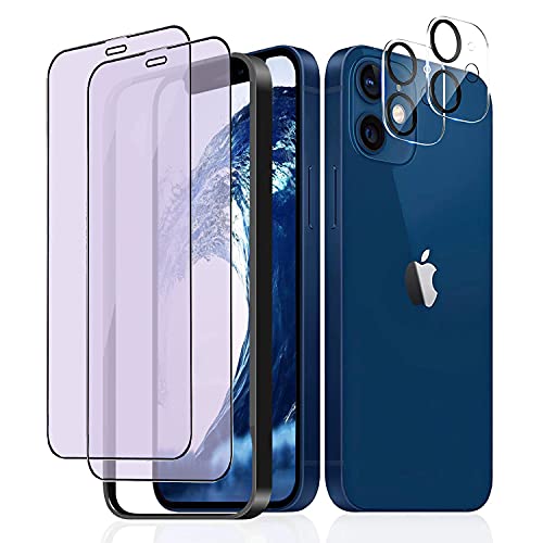 iPhone 12 mini ガラスフィルム (2枚)＋レンズ保護フィルム (2枚) ブルーライトカット 防指紋 / 硬度9H / 気泡ゼロ / 貼りミスゼロ / 飛散防止 全面保護フィルム ガイド枠付き (5.4インチ) 送料無料