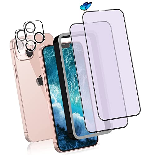 iPhone 13 mini ガラスフィルム (2枚入り)＋レンズ保護フィルム (2枚入り) ブルーライトカット 滑らかなタッチ操作 指紋付着防止 自動吸着 飛散防止 気泡防止 全面保護フィルム ガイド枠付き 貼り付けは簡単 送料無料