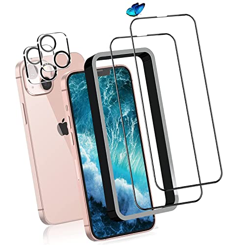 iPhone 13 mini ガラスフィルム (2枚) ＋ レンズ保護フィルム (2枚) 5.4インチ 高透過率 指紋付着防止 自動吸着 飛散防止 気泡防止 全面保護 ガイド枠付き 貼り付けは簡単 送料無料