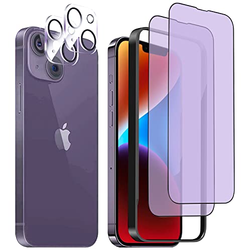 送料無料 iPhone 14 ガラスフィルム 強化ガラス ブルーライトカット 6.1インチ 滑らかなタッチ操作 指紋付着防止 自動吸着 飛散防止 気泡防止 全面保護フィルム ガイド枠付き 貼り付けは簡単[強化ガラスフィルム(2枚入り)＋レンズ保護フィル