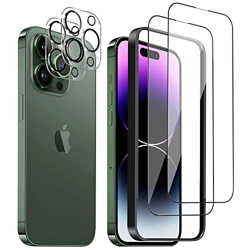 iPhone 14 Pro ガラスフィルム 強化ガラス 6.1インチ 高透過率 硬度9Ｈ 滑らかなタッチ操作 指紋付着防止 自動吸着 飛散防止 気泡防止 全面保護 ガイド枠付き [強化ガラスフィルム(2枚入り)＋レンズ保護フィルム (2枚入り)] 送料無料