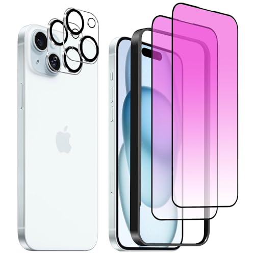 iPhone 15 plus ガラスフィルム 6.7インチ ブルーライトカット 全面保護フィルム 硬度9Ｈ 滑らかなタッチ操作 指紋付着防止 気泡防止 ガイド枠付き 貼り付けは簡単 [強化ガラスフィルム(2枚入り)＋レンズ保護フィルム (2枚入り) 送料無料
