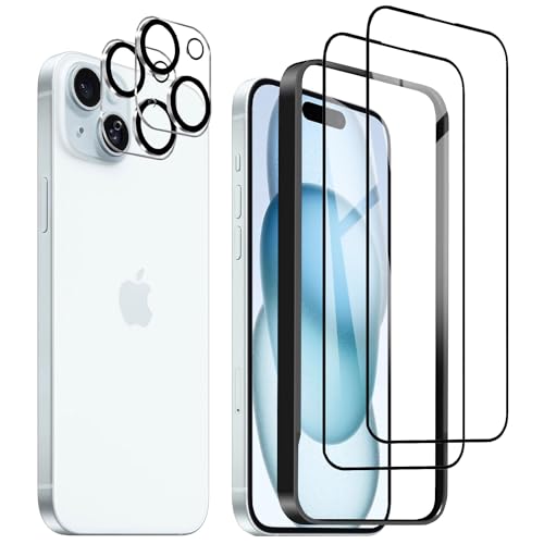 iPhone 15 plus ガラスフィルム 強化ガラス 6.7インチ 高透過率 全面保護フィルム 硬度9Ｈ 滑らかなタッチ操作 指紋付着防止 気泡防止 ガイド枠付き 貼り付けは簡単 [強化ガラスフィルム(2枚入り)＋レンズ保護フィルム (2枚入り)] 送料無料