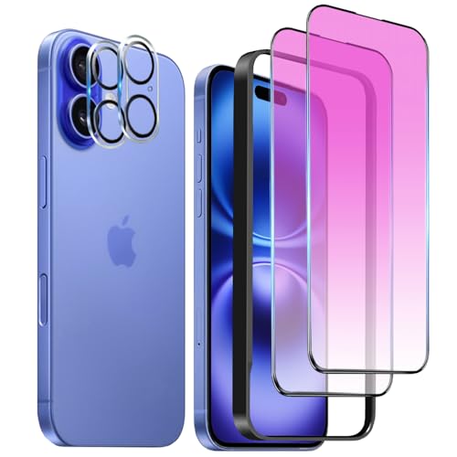 送料無料 iPhone 16 ガラスフィルム 強化ガラス 6.1インチ ブルーライトカット 全面保護フィルム 硬度10Ｈ 滑らかなタッチ操作 指紋付着防止 気泡防止 ガイド枠付き 貼り付けは簡単 [アイフォン16 強化ガラスフィルム(2枚入り)＋レンズ保護フ