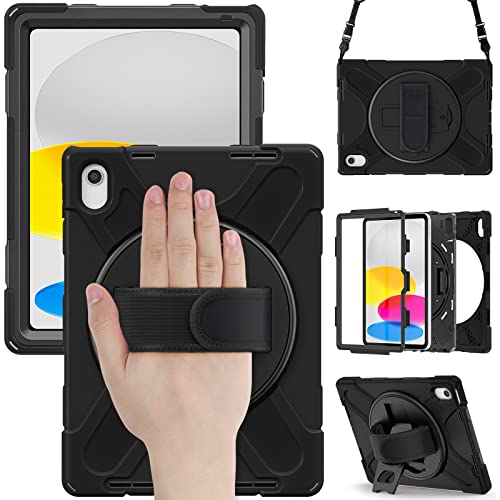 iPad A16 第11世代 / iPad 10 第10世代 10.9インチ ケース 360°回転 スタンド ショルダーストラップ ハンドベルト ペンホルダー付き 頑丈 お洒落 格好いい 耐衝撃 シリコン キッズ 黒