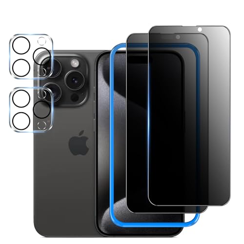 iPhone 15 Pro Max ガラスフィルム 覗き見防止 [2枚]＋カメラフィルム [2枚][ガイド枠付き] 液晶保護 フィルム のぞき見 強化ガラス アイフォン 15プロ マックス (6.7インチ) のぞき見防止 全面保護 指紋防止 気泡ゼロ 貼り付け簡単 送料無料