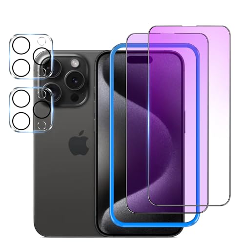 iPhone 15 Pro Max ガラスフィルム [2枚]＋カメラフィルム [2枚]ガイド枠付き 液晶保護 フィルム ブルーライトカット 強化ガラス アイフォン 15プロ マックス (6.7インチ) 全面保護 硬度9H 指紋防止 気泡ゼロ 飛散防止 貼り付け簡単 送料無料