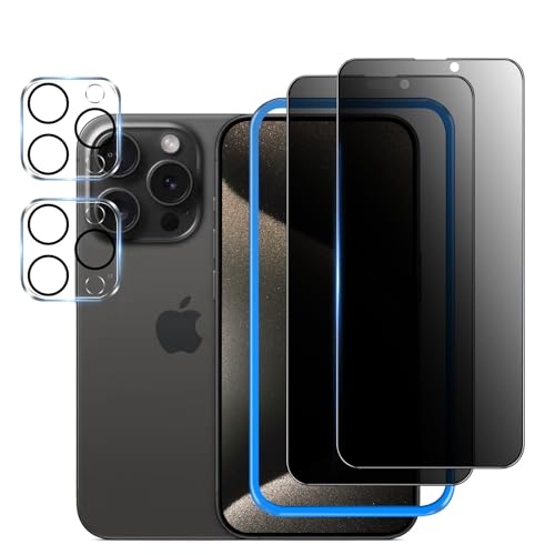 iPhone15 Pro ガラスフィルム 覗き見防止 [2枚]＋カメラフィルム [2枚][ガイド枠付き] 液晶保護 フィルム のぞき見 強化ガラス アイフォン 15プロ (6.1インチ) のぞき見防止 全面保護 指紋防止 気泡ゼロ 貼り付け簡単 送料無料