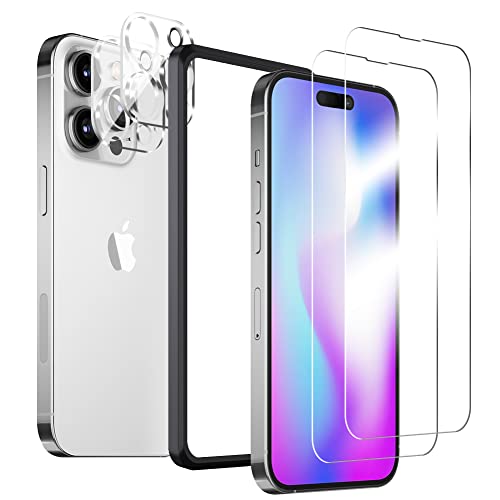 iPhone 14 Pro ガラスフィルム 2枚 + カメラフィルム 2枚 ガイド枠付き 強化ガラス 液晶保護 9H硬度 耐衝撃 気泡防止 高感度タッチ 指紋防止 防水撥油 飛散防止 アイフォン 14 Pro / iPhone14 Pro 対応 送料無料