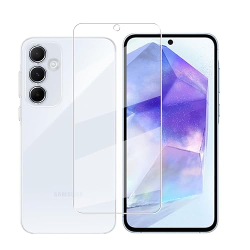 Galaxy A55 5G SC-53E / SCG27 ガラスフィルム + クリア ケース 透明 ソフト Galaxy A55 5G SC-53E / SCG27 用保護フィルム 1枚 硬度9H 高透過率 飛散防止 自動吸着 衝撃吸収 傷つけ防止 携帯便利 滑り止め[1+1枚セット] 送料無料