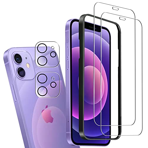 iPhone 12 フィルム カメラフィルム 液晶保護フィルム ガイド枠付き 強化ガラス 超薄 2.5D 耐衝撃 撥油性 超耐久 耐指紋 飛散防止処理 ガラスフィルム + レンズ保護 フィルム 硬度9H 気泡ゼロ 高感度 高透過率 衝撃吸収 [2+2枚セット] 送料無料