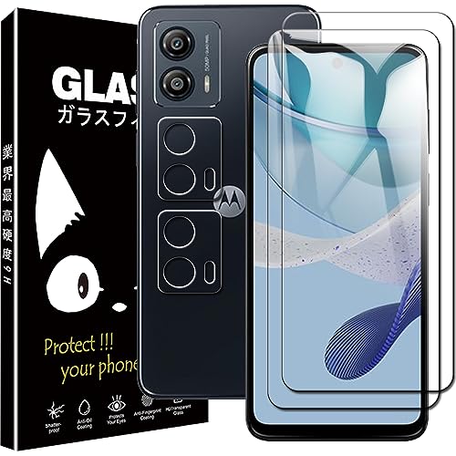 moto g53j 5g フィルム カメラフィルム 液晶保護フィルム ガイド枠付き 強化ガラス 超薄 2.5D 耐衝撃 撥油性 超耐久 耐指紋 飛散防止処理 ガラスフィルム + レンズ保護 フィルム 硬度9H 気泡ゼロ 高感度 高透過率 衝撃吸収 [2+2枚セット] 送料無料