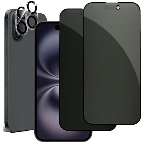 iPhone 16 Plus ガラスフィルム (2枚) + カメラフィルム (2枚) さらさら アンチグレア ガラスフィルムのぞき見防止 プライバシー保護 強化ガラス 反射防止 気泡ゼロ 撥油性 貼付け簡単 アイフォン 16 Plus アンチグレアガラスフィルム 送料無料
