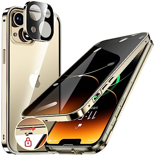 iPhone 14 ケース ロック付き のぞき見防止 ストラップホール付き 一体型 レンズ保護 両面 強化ガラス 耐衝撃 アルミ バンパー メタルフレーム スマホケース 薄型 背面クリア 高感度タッチ 軽量 ワイヤレス充電 ゴールド 送料無料