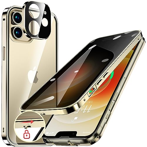 iPhone 12 ケース ロック付き のぞき見防止 ストラップホール付き 一体型 レンズ保護 両面 強化ガラス 耐衝撃 アルミ バンパー メタルフレーム スマホケース 薄型 背面クリア 高感度タッチ 軽量 ワイヤレス充電 ゴールド 送料無料 4,422円