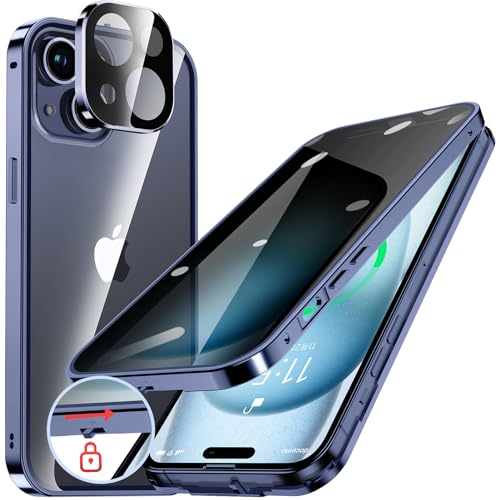 iPhone 15 ケース ロック付き のぞき見防止 ストラップホール付き 一体型 レンズ保護 両面 強化ガラス 耐衝撃 アルミ バンパー メタルフレーム スマホケース 薄型 背面クリア 高感度タッチ 軽量 ワイヤレス充電 ディープブルー 送料無料