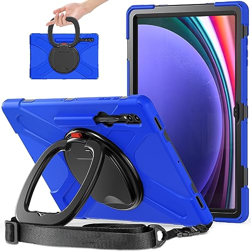 Galaxy Tab S10 Ultra 2024 ケース Galaxy Tab S9 Ultra / S8 Ultra ケース 14.6インチ カバー 耐衝撃 頑丈 360度回転スタンド ハンドル付き 虹色 ペンシル収納 調節可能 ハンドストラップ 肩掛け 落下防止 アウトドア 子供 仕事用 (ブルー)