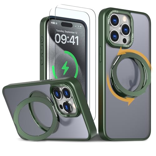【強化フィルム2枚付き】 iPhone 13 Pro Max ケース MagSaf eリング スタンド 多機能 360度回転 縦横OK iPhone13promax カバー ワイヤレス充電 スマホケース 13promax スマホケース 耐衝撃 N52マグネット 半透明 マット感 濃い緑色
