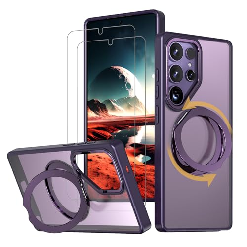 【強化フィルム2枚付き】 Galaxy S25 Ultra ケース MagSaf eリング スタンド 多機能 360度回転 縦横OK ギャラクシー S25 ウルトラ カバー ワイヤレス充電 S25ultra スマホケース 耐衝撃 N52マグネット 半透明 マット感 濃い紫色