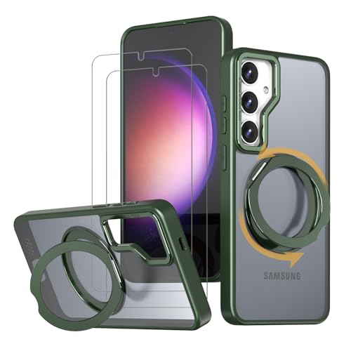 【強化フィルム2枚付き】 Galaxy S25 ケース ギャラクシー S24 カバー MagSaf eリング スタンド 多機能 360度回転 縦横OK ワイヤレス充電 S24 スマホケース 耐衝撃 N52マグネット 半透明 マット感 濃い緑色