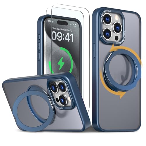 【強化フィルム2枚付き】 iPhone 14 Pro ケース MagSaf eリング スタンド 多機能 360度回転 縦横OK iPhone14pro カバー ワイヤレス充電 スマホケース 14pro スマホケース 耐衝撃 N52マグネット 半透明 マット感 ブルー