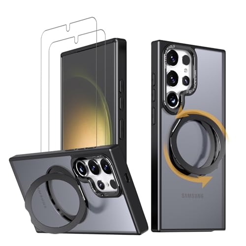 【強化フィルム2枚付き】 Galaxy S24 Ultra ケース MagSaf eリング スタンド 多機能 360度回転 縦横OK ギャラクシー S24 ウルトラ カバー ワイヤレス充電 S24ultra スマホケース 耐衝撃 N52マグネット 半透明 マット感 ブラック