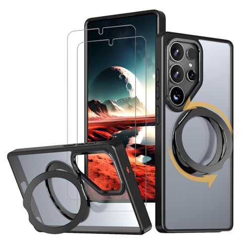 【強化フィルム2枚付き】 Galaxy S25 Ultra ケース MagSaf eリング スタンド 多機能 360度回転 縦横OK ギャラクシー S25 ウルトラ カバー ワイヤレス充電 S25ultra スマホケース 耐衝撃 N52マグネット 半透明 マット感 ブラック