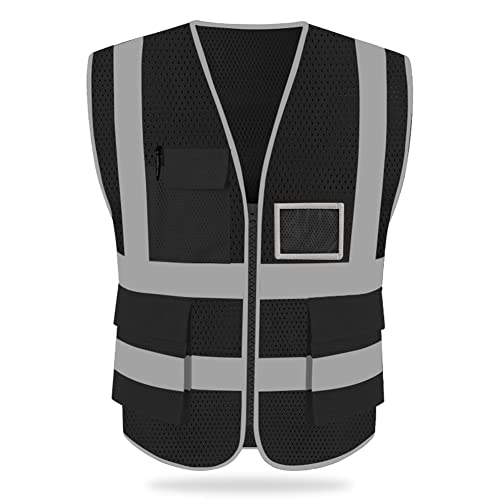 安全ベスト 安全服 安全チョッキ 男女兼用 メッシュ 通気性 夏用 5ポケット付き 高視認性 工事現場用 自転車 ボランティア 道路用 交通警備 建設現場 ガードマン アウトドア 工場パトロール イベント 建築作業 (ブラック S) 送料無料