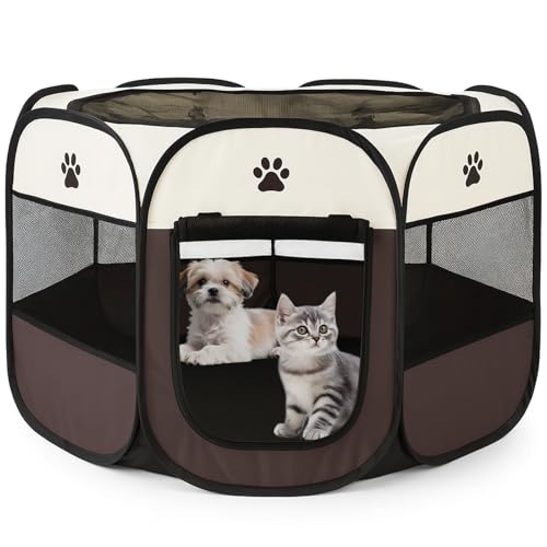 ペットサークル 折畳み 犬 サークル 室内 73*73*43cm 猫 サークル 大型 八角形 ドッグハウス ペットサークル 屋根付き アウトドア 防災 猫 犬 ケージ 犬 サークル 折り畳み 室内 屋外 キャンプ メッシュサークル 頑丈 出産室 大型犬 小型犬 猫 (ブラウン M-73...
