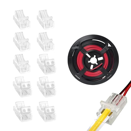 8MM 2ピン 15個入り 透明 はんだ不要 COB LEDストリップコネクター コーナーキット ストリップとワイヤー接続用10個 赤黒ワイヤー5M 5V/12V/24V LEDストリップ用 送料無料