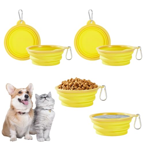 猫 犬 給水器 給餌器 2個 折りたたみ式 犬猫用ボウル ペット食器 フードボウル 犬 皿 持ち運び 水飲み ペット用品 犬 散歩 水 伸縮 災害 携帯便利 超軽量 登山釦付き 2個イエロー 送料無料