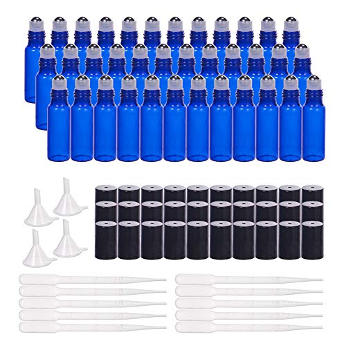 5ml ロールオンアロマボトル 青色カラス アロマ瓶 黒い蓋 10本プラスチックスポイトと4個漏斗付 アロマオイル用 香水用瓶 ミニボトル アロマオイル小分けボトル 30個セット