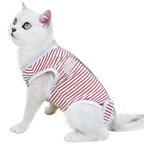 猫 術後服 猫用 ペット術後ウェア ペット猫去勢服 猫の産後服 手術着 舐め防止離乳服 ストライプ猫去勢服 皮膚保護 手術用 男の子 女の子 兼用 (レッド L) 送料無料