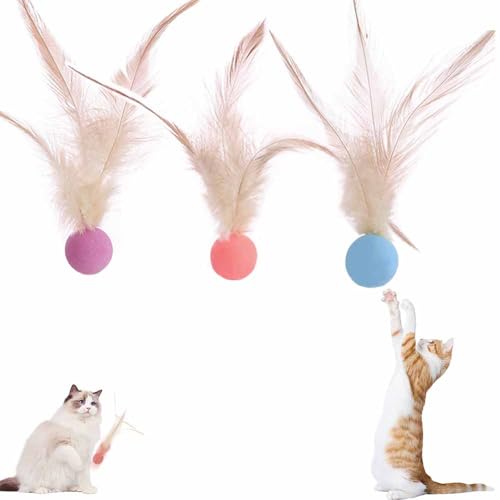 フェザーボール 猫 おもちゃ ボール 一人遊び 3 個 猫 ボール 羽付きボール ストレス解消 運動不足対策 高い弾力性 ゴム製 室内猫用おもちゃ 子猫用 おもちゃ 猫用ギフト トレーニング 追跡 狩猟 運動 バスケットボール サッカー 野球用 (ピンク+オレンジ+ブ ...