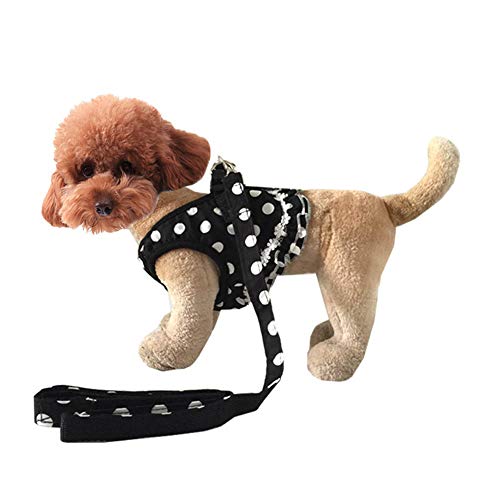 犬 猫 ハーネス 胴輪 水玉模様の猫 服 小型犬のためのペットベストロープ調整可能120 Cmバッファーロープ 黒リード セット 超小型犬 小型犬 子犬 猫 散歩 / 訓練 / お出掛 安全 抜けない 軽量 ブラック S
