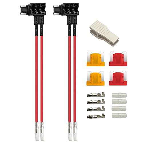 12V / 24V ミニ デュアルポート ヒューズタップ 回路追加 デュアルワイヤーハーネス付きミニピギーバックブレードヒューズホルダー 4個(5A / 10A)ミニヒューズおよびヒューズプラー 送料無料