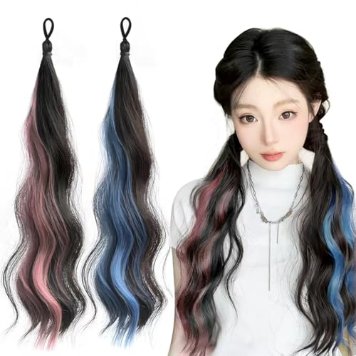 エクステ ヘアエクステ キッズ カラーエクステ 子供 ポニーテール ピンク＋青 ２本 メッシュ ロング カール 巻き髪 耐熱 ゴム付き レディース 三つ編み お団子 ダンス