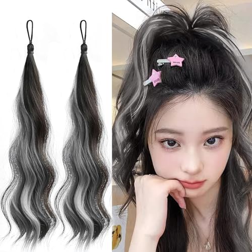 エクステ ヘアエクステ キッズ カラーエクステ 子供 ポニーテール ２本 メッシュ ロング カール 巻き髪 耐熱 ゴム付き レディース 三つ編み お団子 ダンス グレー