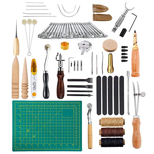 革細工 工具セット 初心者 50点セット レザークラフト 工具 道具セット DIY手作りハンドメイド 革工芸 キット レザークラフト縫い針 菱目打ち へり磨き カービング用刻印棒 ネジ捻付