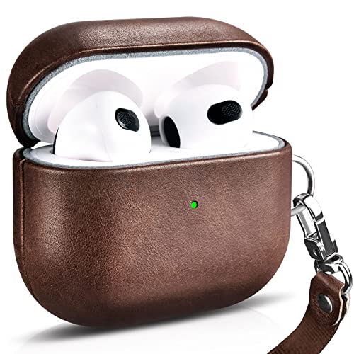 AirPods 3 ケース 第3世代 保護 カバー エアーポッズ3 ケース 分離式 全面保護 落下防止 耐衝撃 指紋防止 紛失防止 装着充電可能 充電便利 LEDライト可視 ワイヤレス充電持ち運びに便利 ストラップ付き (ブラウン)