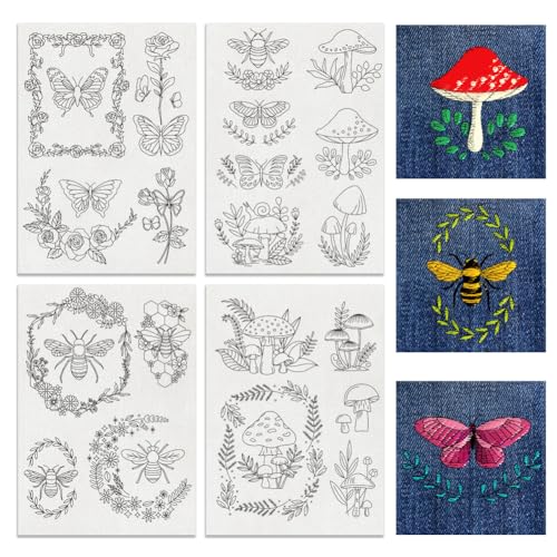 刺繍 布 刺繍キット 20個モチーフ 昆虫とキノコ 不織布 水溶性 刺繍補助 刺しゅう クロスステッチ 手作り DIY刺繍工具 刺繍工具 初心者 1セット4枚 送料無料