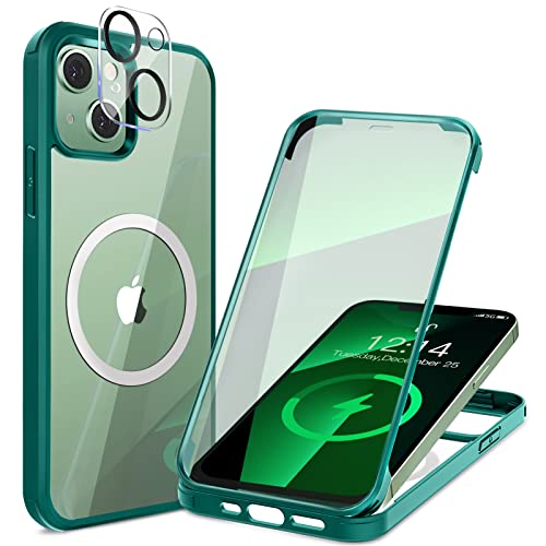 iPhone 13 ケース クリア 両面強化ガラス 360°全面保護 [MagSafe対応] 高感度のタッチスクリーン マグセーフ ワイヤレス充電 耐衝撃 アイフォン 13 透明 マグセーフ ケース・スマホケース iPhone 13 人気 6.1インチ (グリーン) 送料無料