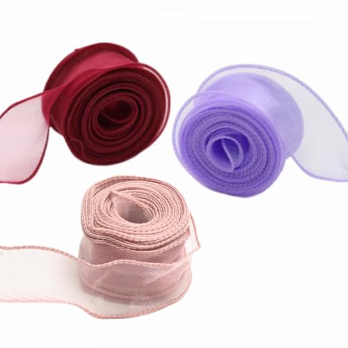 リボン オーガンジー 約9m 幅4cm リボン 飾り 手芸 ラッピング バレンタイン 無地 ギフトラッピング DIY 花束弓,結婚式パーティーの装飾 ヘアアクセサリー3巻入 (サンゴパウダー ワインレッド スミレ)