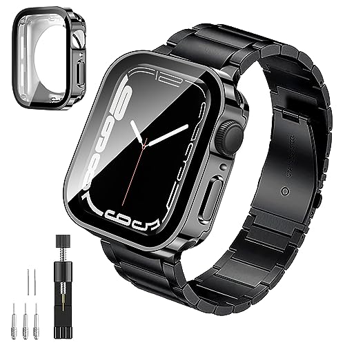 Apple Watch バンド 41m ステンレス Series 9 / 8 / 7 アップルウォッチ バンド 防水 ケース付き 3D直角エッジデザイン 前後の保護 交換ベルト あっふウォッチバンド 長さ調節器がついています 耐衝撃 通気 男女通用 (41mm,ブラック)