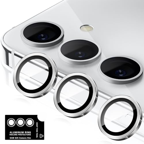 Galaxy S25 カメラフィルム ギャラクシーS25 カメラ保護フィルム 薄型 強化ガラス 耐衝撃 独立型 露出オーバー防止 アルミ合金 カメラカバー (シルバー Galaxy S25)