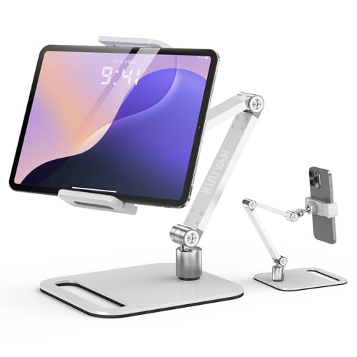 タブレット スタンド 卓上 iPad アーム アルミ製 4.7-17.3インチ耐荷重1.5キロ 金属ジョイント スマホ俯瞰撮影 角度無段階 スマホ / タブレット / 15.6型,17.3型モバイルモニタホワイト