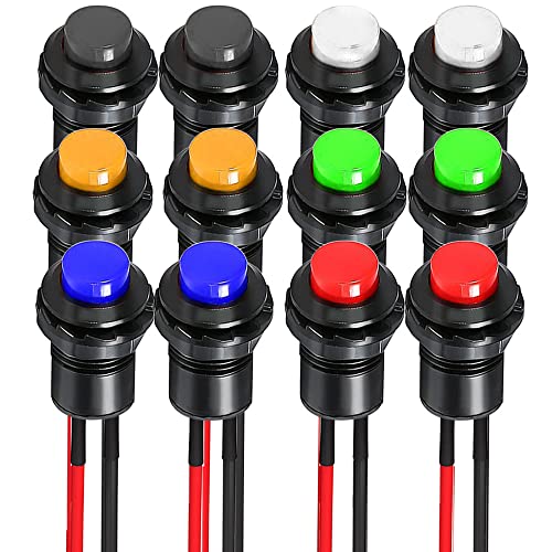 【12個セット】 押しボタンスイッチ 配線済み押しボタンスイッチ ON / OFF AC 250V / 1.5A 125V / 3A自動ロックラッチ式押しボタンスイッチ(装着内径12mm) (赤 緑 黄 青 黒 白い)
