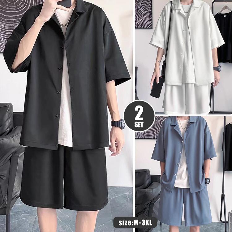 オーバーサイズ セットアップ 上下セット シャツ+短パンツ メンズ tシャツ 襟シャツ 短ズボン ショットパンツ 膝上丈 Tシャツ 無地 ジャケット 半袖 トップス